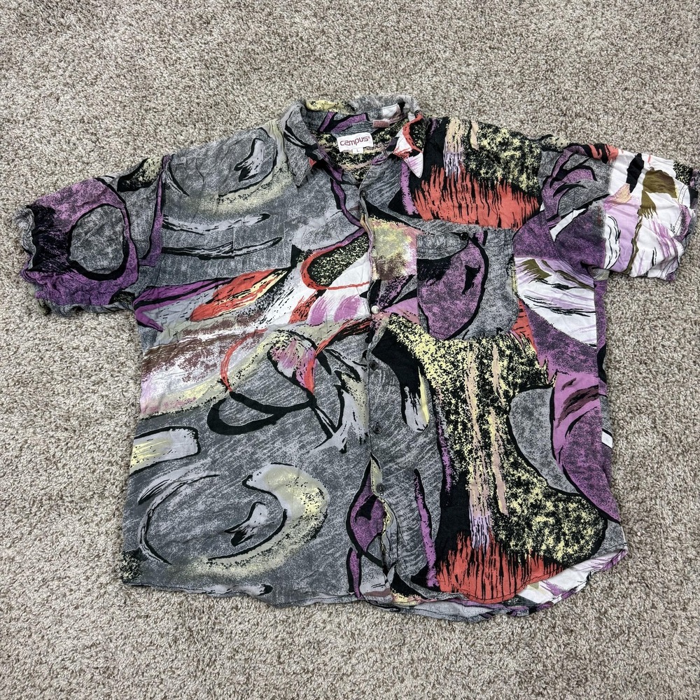 Vintage Campus Shirt Mens Large Rayon Abstract Graphic Art Geometric 90s 80s